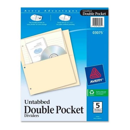 Avery Dennison Avery Untabbed Double Pocket Divider, 9-1/4inW x 11-1/8inH, Buff, 5/PK 3075